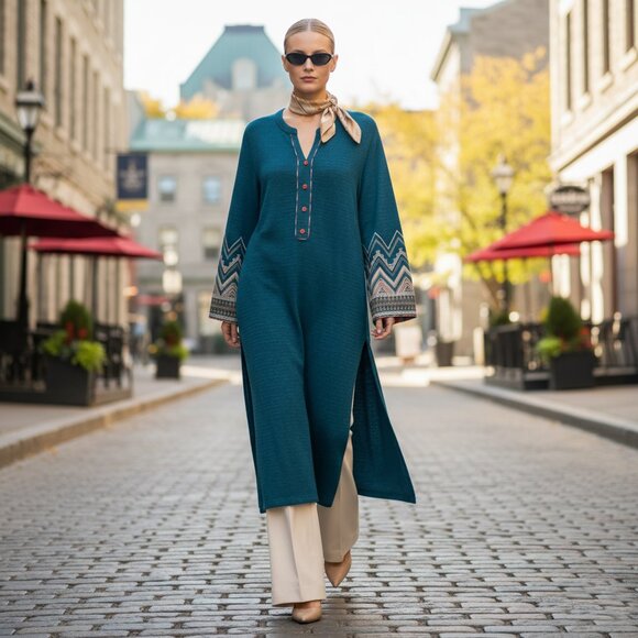 Beliza Teal Knit Ethnic Tunic Dress Metallic Thread, Boho Chic - Picture 2 of 13